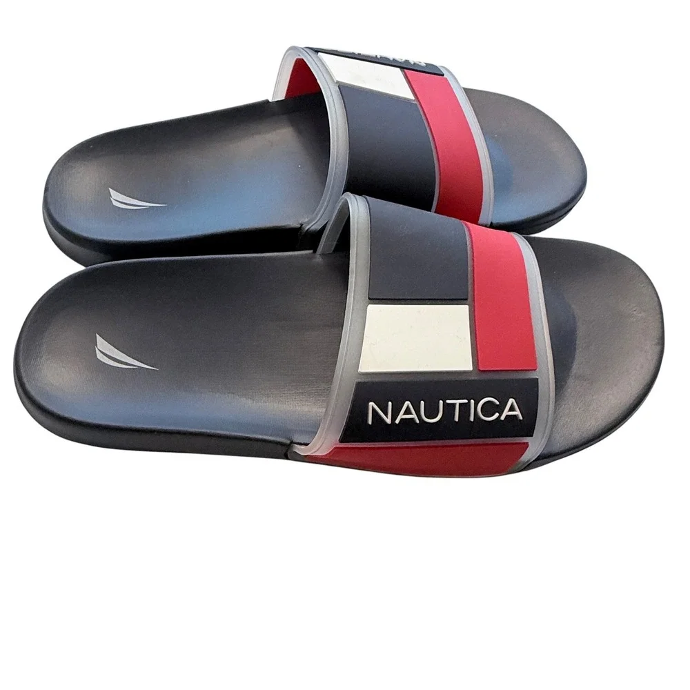 Nautica Mens Slide Sandals Navy Blue Red White Colorblock Comfort Slides Size 10